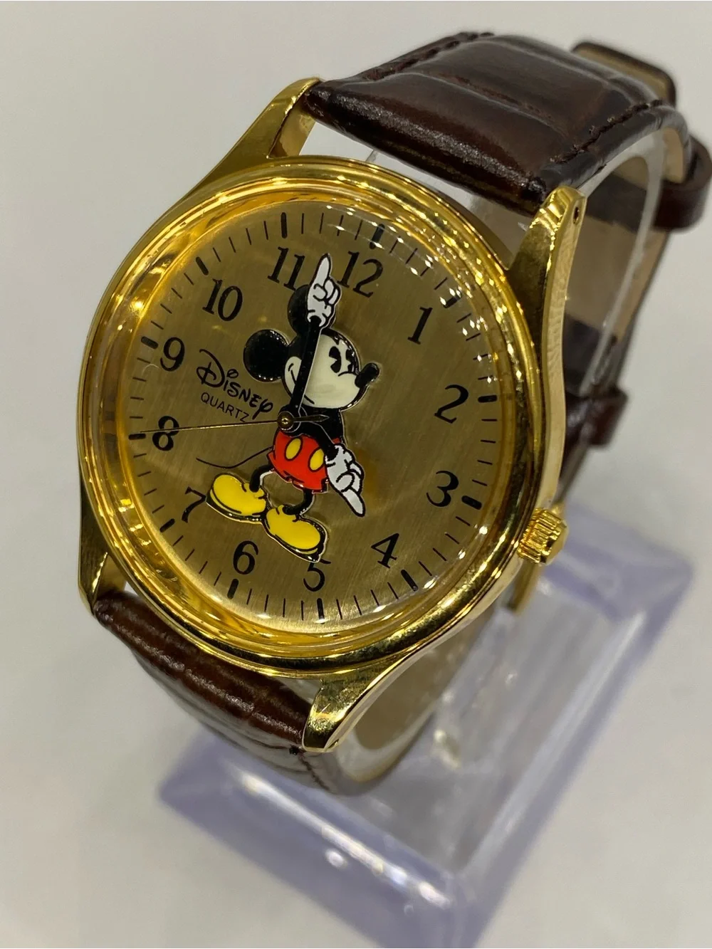Men’s * Disney ^^^ 3d Mickey Mouse Gold Tone Quartz Watch” Tan Leather Strap ***